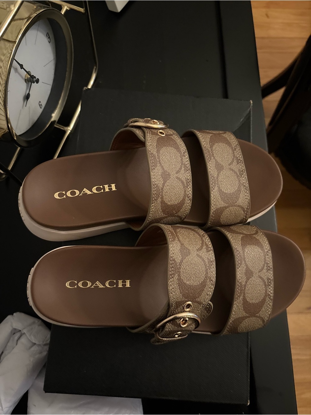 Coach Brown and Beige Signature Double-Strap Slides - Picture 2 of 6
